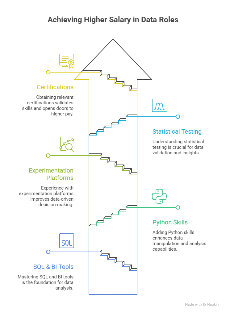 What Actually Moves Your Salary
Beyond your employer, a handful of factors reliably push pay up. Owning SQL plus a BI tool plus Python earns more than SQL and Excel alone. Experience with experimentation platforms and statistical testing pulls analysts closer to data scientist pay.
Certifications help too, particularly ones tied to a specific platform like Tableau, Power BI, or a cloud provider's data tools. Our guide to the best certifications for data scientists is a useful reference even for analysts eyeing that adjacent track, since a lot of the credentialing overlaps.