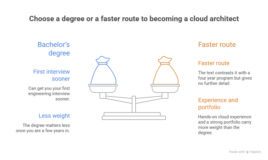 Do You Need a Degree to Become a Cloud Architect?
No, but a degree changes where you start. edX puts a bachelor’s degree in IT at four to six years, and many job posts still list one as preferred. A degree can get you your first engineering interview sooner. It does not shorten the years of production work that earn the architect title.
If you are choosing between a four year program and a faster route, our cloud bootcamp vs degree comparison lays out the tradeoffs. The same skills-first logic applies in adjacent fields, and our guide to becoming a cybersecurity analyst without a degree covers that route.
Futurense’s 2026 guide says hands-on cloud experience and a strong portfolio carry more weight than the degree once you are a few years in. That matches what the certification providers ask for: years of doing, not years of studying.